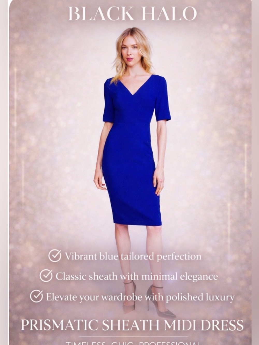 Black Halo Blue Sheath Midi Dress Prismatic V Neck Classic Luxury Fit